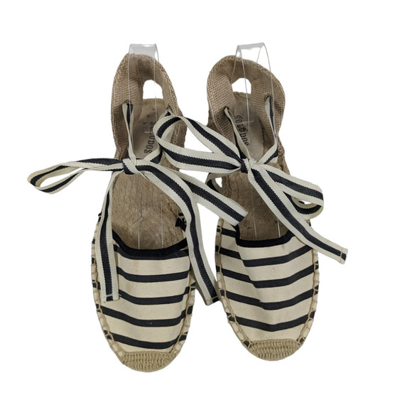 Soludos Espadrilles 9 Cream Navy Blue Stripe Ribbon Tie Closure Flat Shoes - Picture 3 of 7